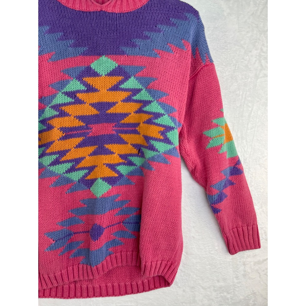 Vintage 1989 I.B. Diffusion Pink Geometric Intarsia Ramie Cotton Sweater Medium - Picture 6 of 10